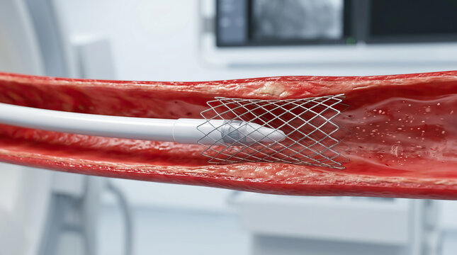 Artery stent catheter blood vessel plaque blockage surgery medical healthcare Artery stent catheter inside blood vessel with plaque blockage during vascular surgery, detailed 3D medical