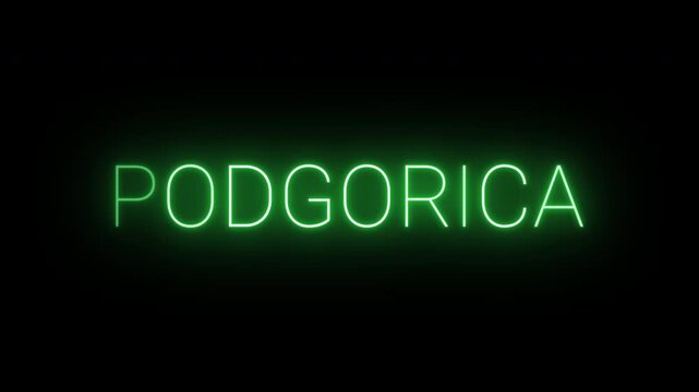 Flickering neon green glowing podgorica sign animated on black background.