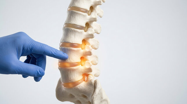 Spine model lumbar spine vertebra intervertebral disc back pain spinal injury orthopedics medical education doctor hand blue glove lumbar spine model with glowing painful disc region