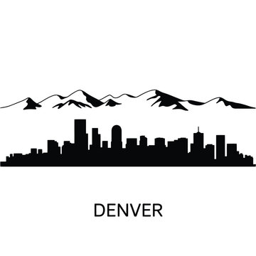 Black silhouette of denver skyline against a white background with mountains