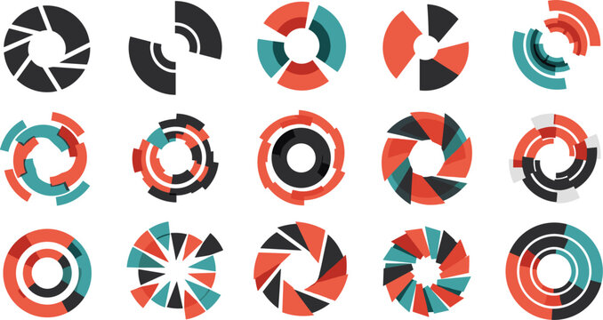 Abstract Circular Infographic Elements Set with Radial Charts Pie Graphs and Data Visualization Rings Vector Illustration for Business Analytics Dashboard and UI Design Projects
