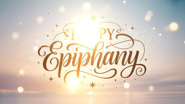 Happy epiphany celebration golden text animation with sparkling lights and stars 4K Ai HD high quality video.
