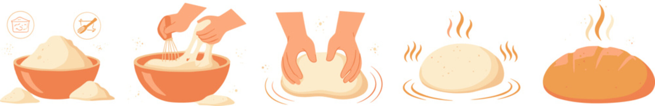 Bread Making Process Set with Mixing Kneading Dough Proofing and Baking Steps Vector Illustration for Bakery Education Cooking Guide and Food Production Design Projects