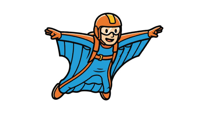 Wingsuit skydiver soaring through air cartoon illustration