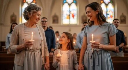 Naklejka premium Multigenerational women with lit candles attending church service. Christian family tradition and worship for Easter or Good Friday.