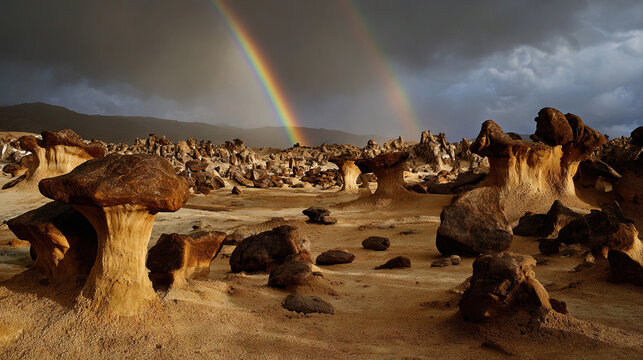 Rocky Desert Landscape with Double Rainbow