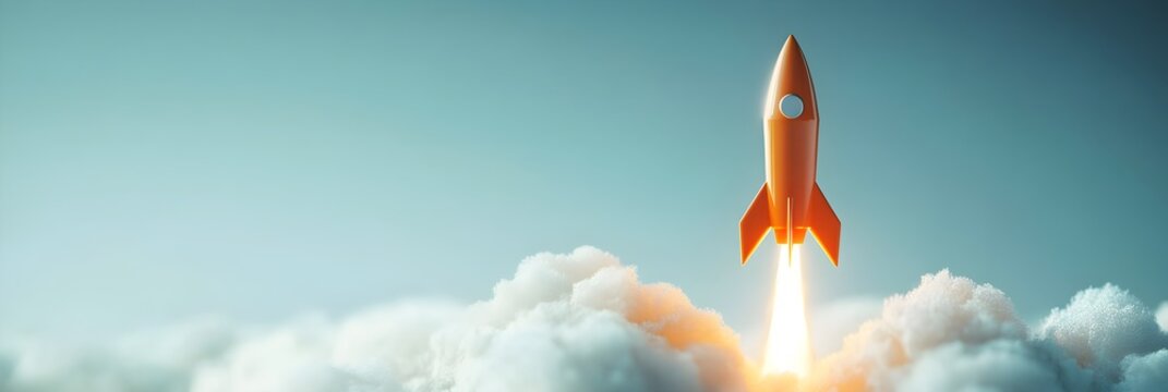 Orange rocket launching through clouds with bright exhaust