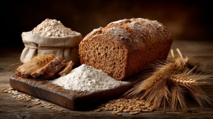 Fototapeta premium Freshly Baked Whole Grain Bread on Wooden Board with Wheat, Flour, and Grain in Rustic Kitchen Setting for Culinary or Food Photography