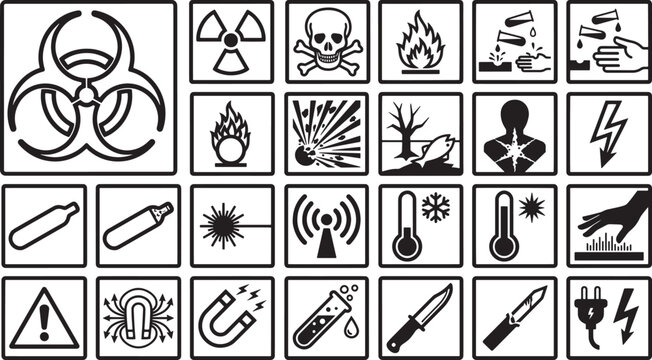 A comprehensive array of hazard symbols, designed for industrial and laboratory settings, conveying vital safety warnings. 