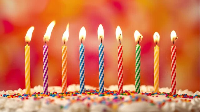 Colorful birthday candles with flickering flames on a decorated cake topped with sprinkles