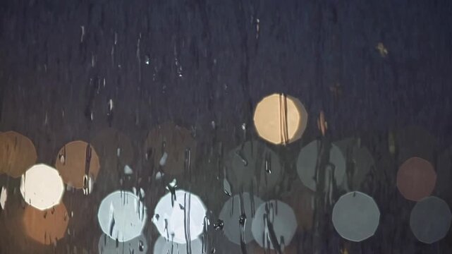Taxi gazes through misty rainstreaked glass, Raindrops distort distant cityscape views during nighttime reflections, Taxi driver watches hazy glow through raincovered window at night