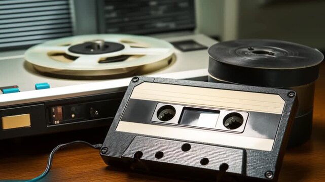 Vintage cassette tape recorder with magnetic reel player, retro analog audio recording equipment on desk, classic music technology archive device, nostalgic sound media playback footage