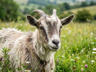 Fototapeta premium Close up photo of a goat in a green meadow with detailed fur texture, natural lighting, blurred background, and shallow depth of field