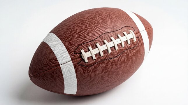 A textured brown american football with white stitching and signature white stripes for team sports