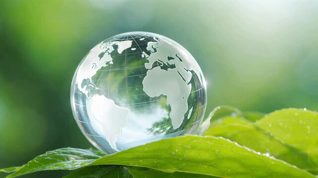 Glass globe on green leaf