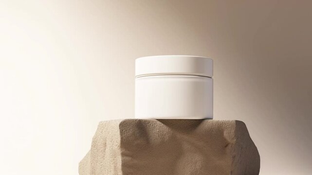 White cosmetic cream jar on natural stone pedestal, minimal luxury skincare container mockup, premium beauty packaging display with soft neutral background, product branding presentation footage