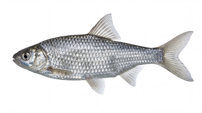 A detailed profile view of a common roach fish showing its shiny silver scales and clear fins