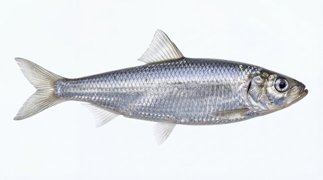 A detailed side view of a small silver herring fish with its characteristic scales and fins visible