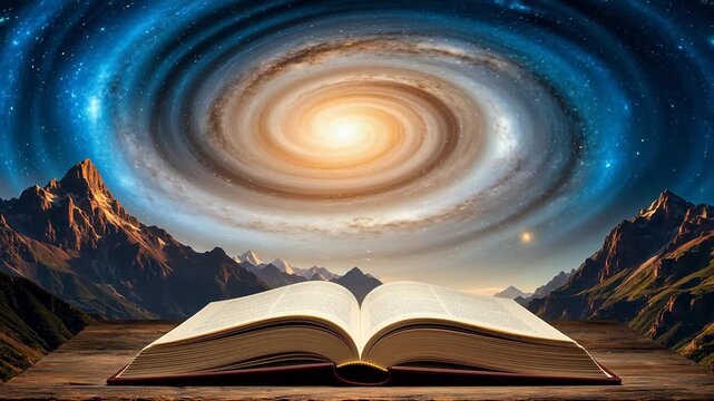 Open book with galaxy and mountain backdrop