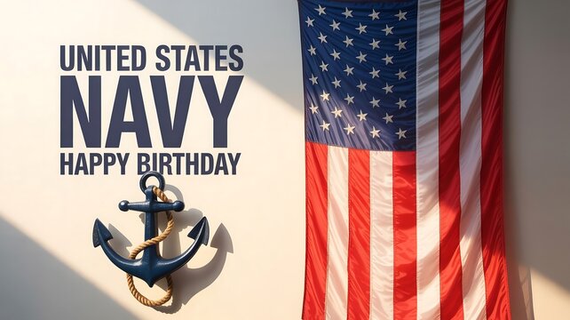 United States Navy Happy Birthday message with American flag and anchor emblem