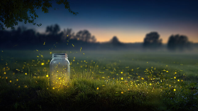 Glass jar with fireflies surrounded by glowing insects at dusk