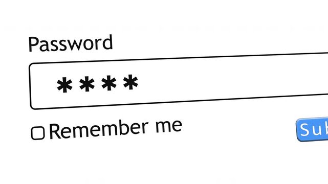 User types a password into a form box on a white screen while a hacker attempts to access a personal account on a computer.