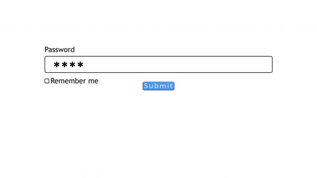 User types password into a website form on the computer screen with a white background. The focus is on the action of entering credentials and submitting.