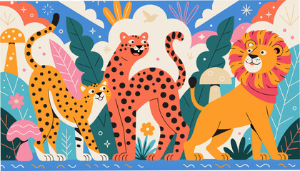 Fototapeta premium Cute Cartoon Style Safari Creatures Set Featuring Cheetahs and Lion Cub