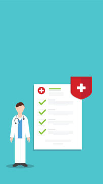 Health Insurance Concept with Doctor Medical Checklist Coverage Protection Healthcare Service Flat Vector Illustration