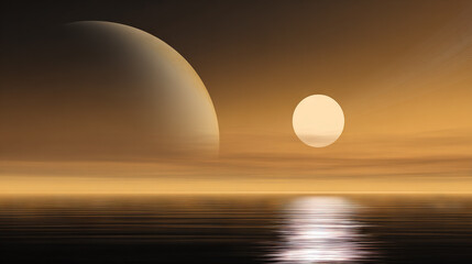 Fototapeta premium Sunset Over a Serene Ocean with Two Moons