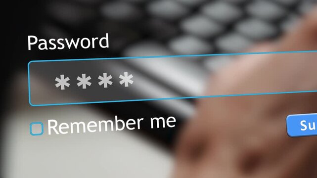 Hand types password into a form box on a computer screen while preparing to sign in to a website. The background shows a keyboard and mouse.