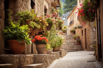 Fototapeta premium Valldemossa village street showcasing historic architecture, blooming flowers, and green plants in pots