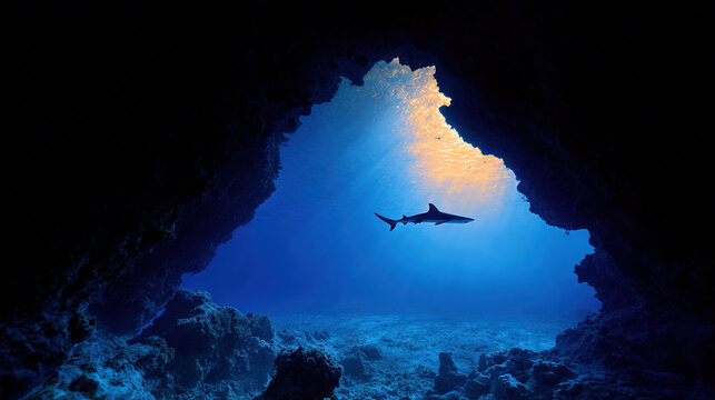 Shark swimming in ocean cave during sunset