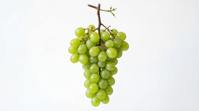 A large and fresh cluster of juicy green grapes hanging from a small woody stem for consumption