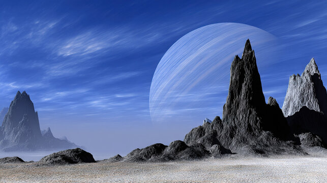 Dramatic Mountain Landscape at Dusk with Glowing Moon