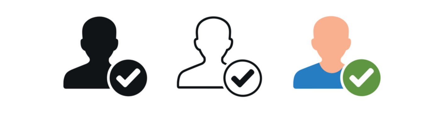 Three user profile icons each paired with a check mark displayed in black, outline, and colored styles.