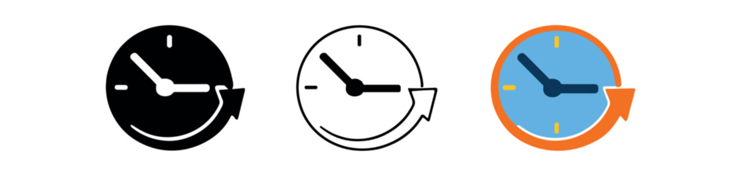 Three circular clock icons with a clockwise arrow shown in black silhouette, outline, and colored versions.