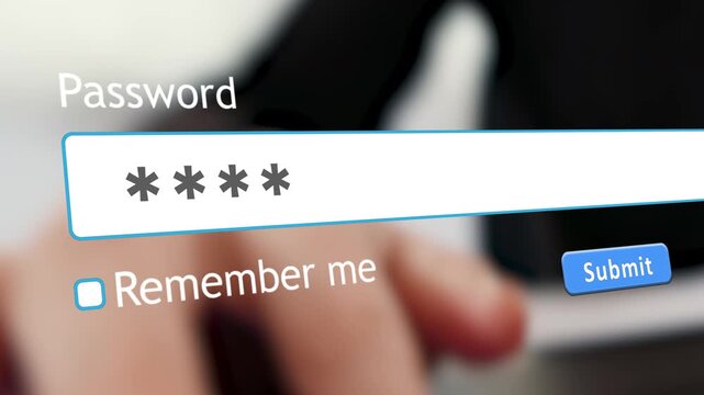 A user enters their password into a form box on a website while a hacker attempts to access the personal account. The typing is clearly visible on a computer screen.