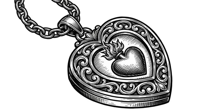 Close‑up view of a silver heart‑shaped locket on a delicate chain, featuring a flaming heart motif, photographed against a plain white backdrop