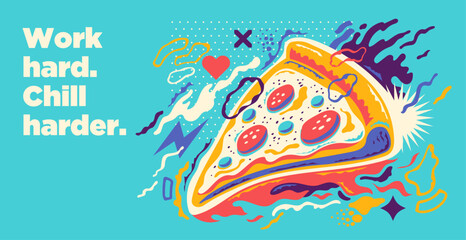 Conceptual illustration with a pizza slice and colorful abstract shapes. Vector illustration. © Radoman Durkovic