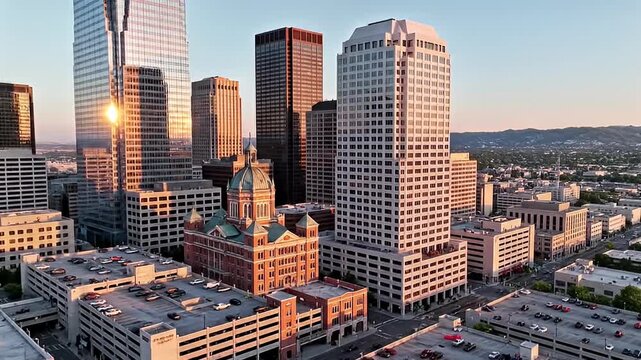 Downtown Knoxville Skyline with Historic Building and Parking Garages at Sunset, Aerial View
