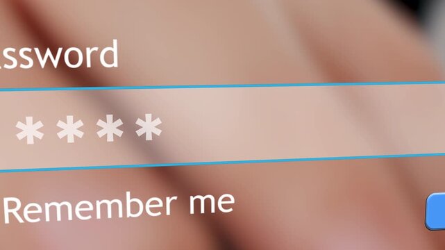 A user enters their password into a login box on a website. Fingers are visible typing on a keyboard. The focus is on the action of signing in.