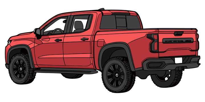 "A professional, high-resolution 3D photorealistic render of a modern red double-cab pickup truck, isolated on a solid white background. The vehicle is shown in a clean side profile, featuring a vibra