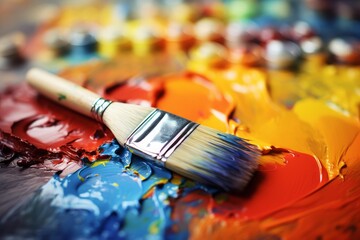 Fototapeta premium Artist's paintbrush mixing bright colors on an art palette, creating a spectrum of paint