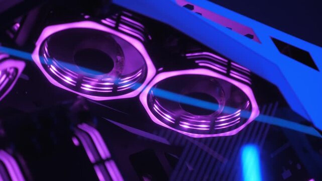 Gaming PC glowing in the dark - the system unit of a modern gaming computer, working of the computer cooling fan is purple light, fans are spinning inside the computer, a modern computer gaming club.