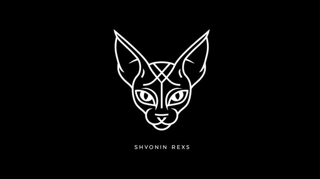 Minimalist elegant white line art illustration of a stylized cat head, possibly a Sphynx, with striking eyes on a black background, modern design.