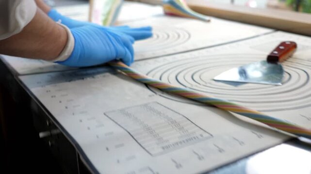 Close-up of two pastry chefs working on a table, rolling out and shaping soft, multi-colored caramel into various shapes. The process of making craft candies or lollipops is shown in this video.