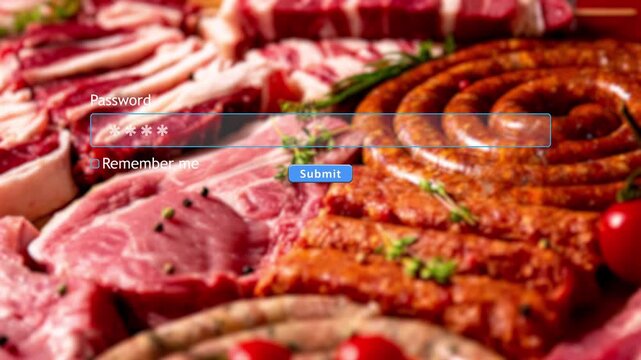 User enters a password into a website form. Meat products are placed in the background, adding a unique element to the action of signing in online.
