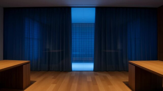 Modern Interior With Blue Glass Wall and Wooden Tables, Curtains Closing