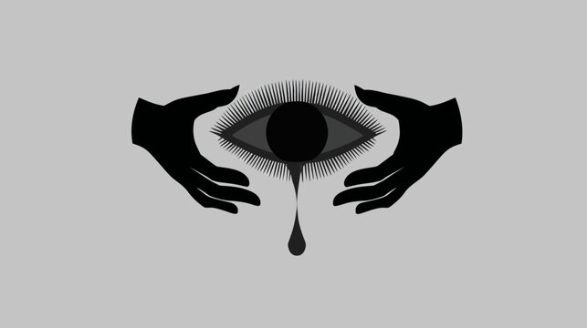 Stylized illustration of a human eye with long eyelashes, held by two hands, shedding a single dark tear, depicting sadness and emotion.